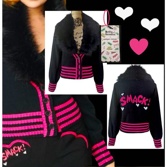 Betty & Veronica x Unique Vintage  Black & Pink Smack Sweater Cardigan Size M - Picture 1 of 6